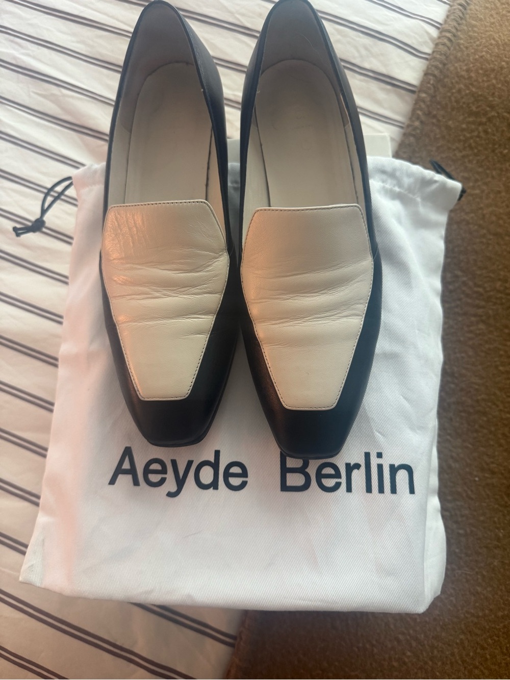 Aeyde Black and Cream Square-Toe Leather Loafers